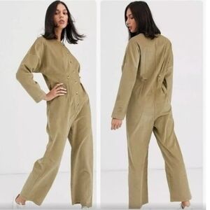 ASOS Corduroy Button Up Jumpsuit in Khaki Tan UK 10/US 6
